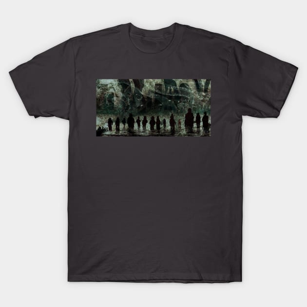 Different groups of people starring at a tentacled alien invasion. T-Shirt by Bespired